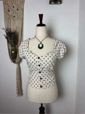 Monteau White Polka Dot Puff Sleeve Button-Front Top